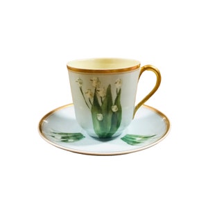 Vintage Limoges France hand painted Lily of the Valley cup and saucer with gold guilted handle, beautiful collectible Lily set.