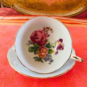 Vintage Paragon pastel blue pink rose centre tea cup and saucer, floral pink paragon tea set gift