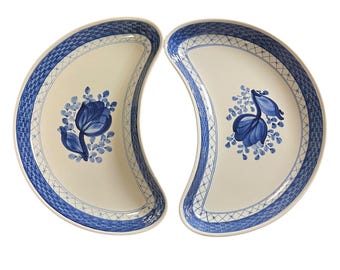 Royal Copenhagen Tranquebar pair of moon shaped sauce dishes, serving dishes, vintage Royal Copenhagen / Aluminia Danish pottery Denmark