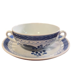 Royal Copenhagen Tranquebar Blue set of 4 double handle soup bowl, vintage Royal Copenhagen/Aluminia Danish, serving dish