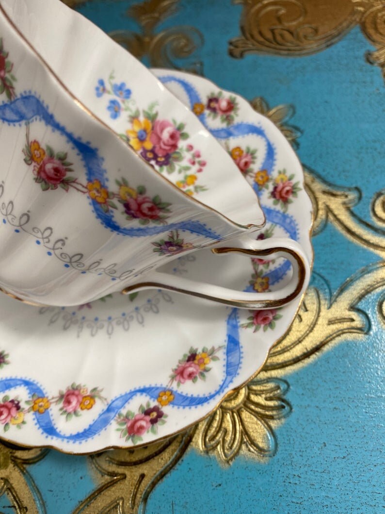 Gladstone Blue Ribbon Tea Cup and Saucer With Swag Flowers Etsy