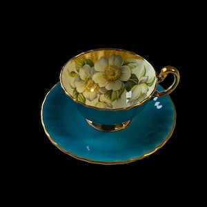 As is - rare vintage aynsley blue tea cup and saucer with large dogwood flowers, gift for her, collectible bone china