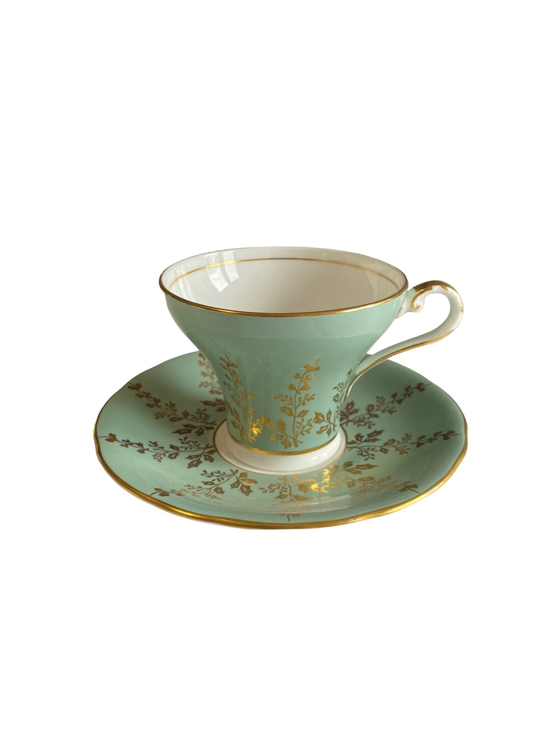 Aynsley Corset Shaped Sage Green Tea Cup and Saucer With Gold Leaves