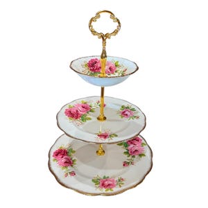 Royal Albert American beauty three tiered cake stand, pink rose with gold trim bone china England , beautiful gift for tea party, birthday.