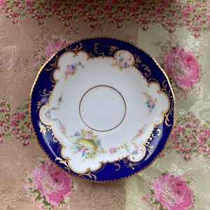 Royal crown derby Handpainted blue orphan saucer with raised gold, pink swag roses, and birds, replacement saucer, saucer only