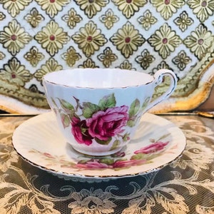 Paragon large pink cabbage rose tea cup and saucer on light green, rare paragon cup, collector tea set gift for her