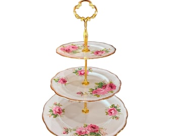 Royal Albert American beauty three Tiered Cake stand, pink rose with gold trim bone china England, beautiful gift for tea party, birthday..