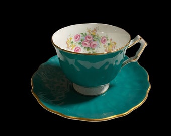 Vintage aynsley crocus shaped teal green tea cup and saucer with little pink roses, afternoon tea English gift