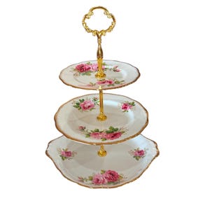 Royal Albert American beauty three tiered cake stand, pink rose with gold trim bone china England , beautiful gift for tea party, birthday.