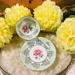 Vintage Paragon Green tea cup and saucer with large Pink Cabbage Rose centre Gold Details Fine Bone China England, Gorgeous Gift For Her.