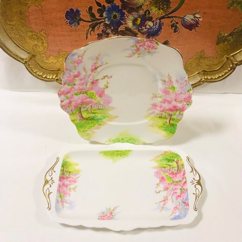 Beautiful shops two pc Royal Albert blossom time sandwich plate and cake plate, serving piece pink blossom, English bone china gift