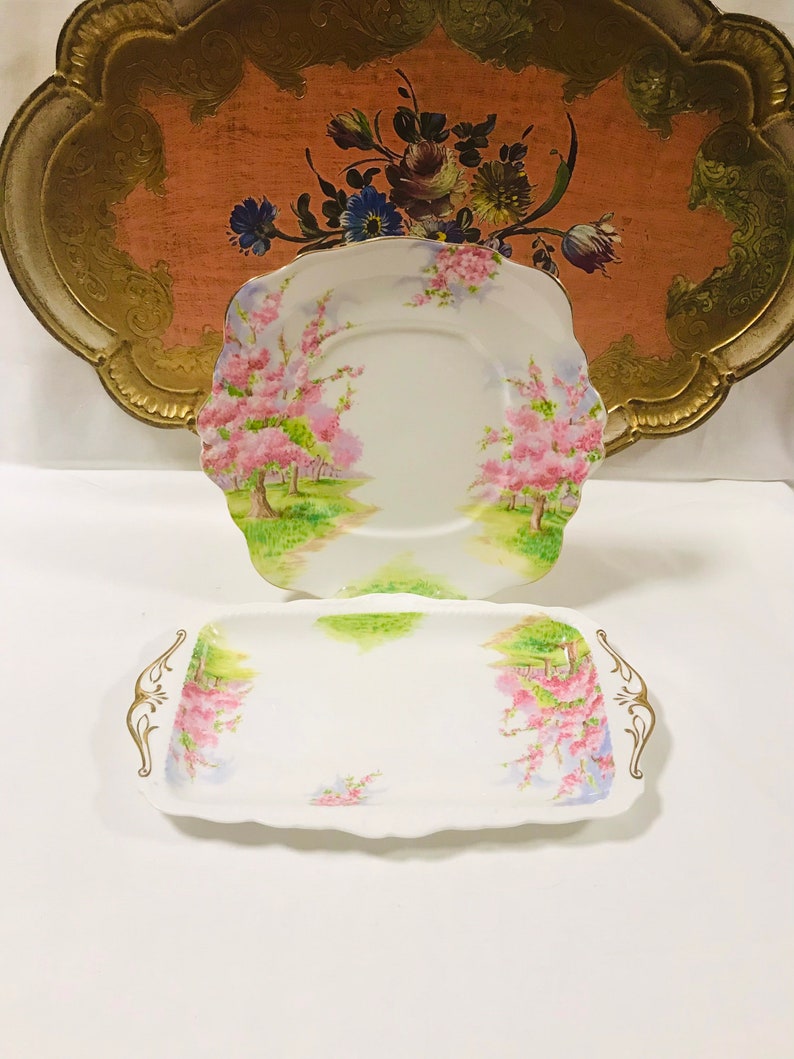 Beautiful shops two pc Royal Albert blossom time sandwich plate and cake plate, serving piece pink blossom, English bone china gift