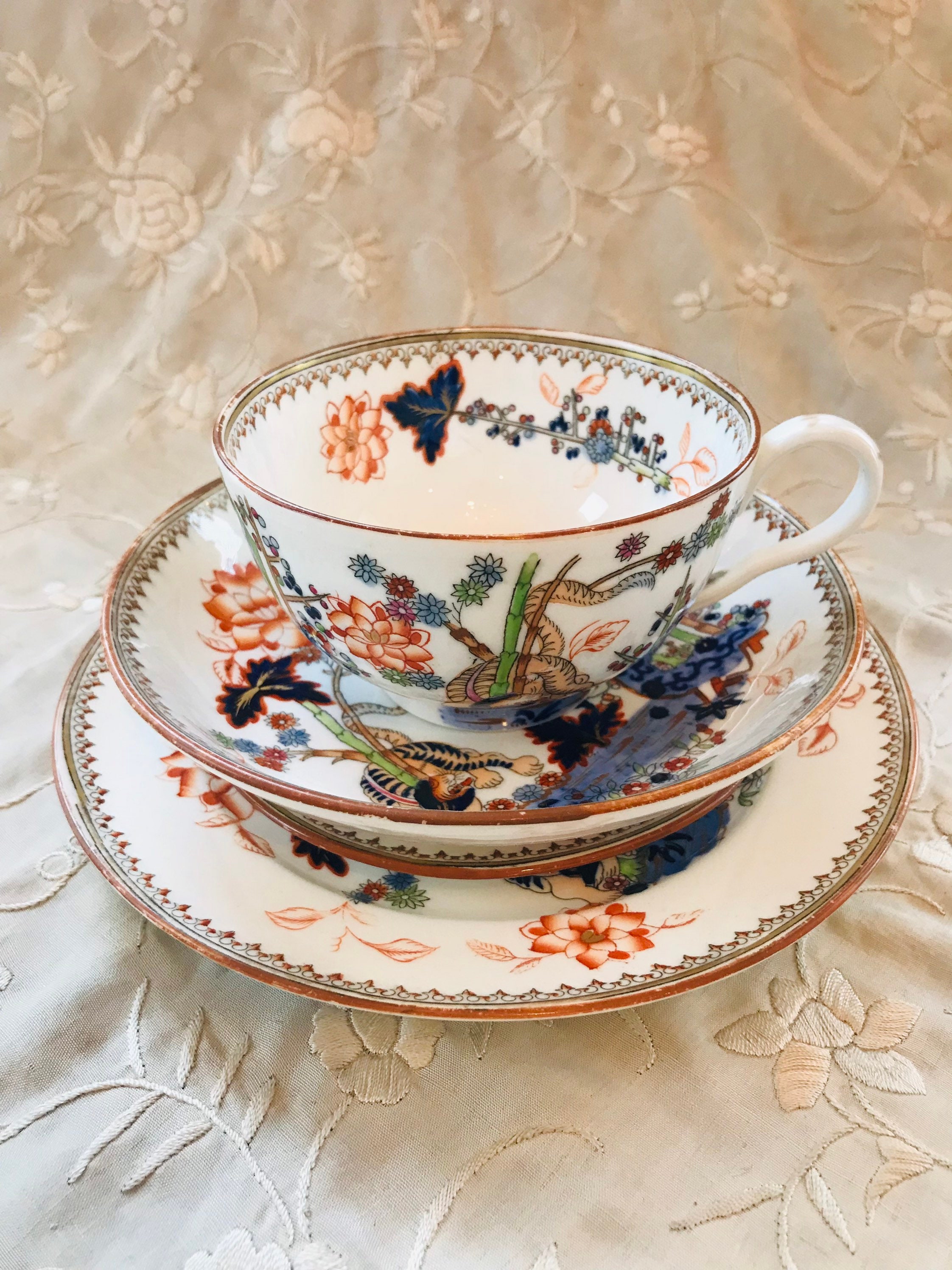 Rare handpainted unmarked 4 piece antique breakfast tea set tea cup and saucer plate nut dish Imari style, antique Imari china, gift for her