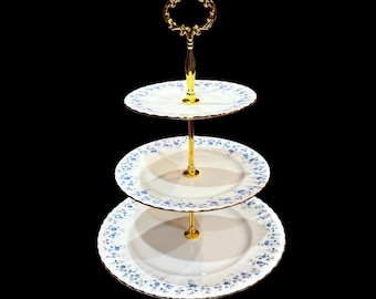 Three Tiered Royal Albert Memory Lane cake stand bone china England, mint condition. gorgeous afternoon tea party or holiday gift.