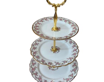 French Limoges elites bridal wreath pink purpose floral three tiered cake stand, afternoon tea party, gift for her