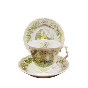 Vintage trio of Royal Doulton Brambly Hedge collection “Spring“ set bone china England side plate with tea cup and saucer, collectible gift