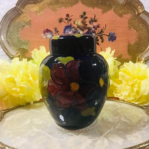 Moorcroft pottery cobalt blue Hibiscus pattern ginger jar 6.3” England, gorgeous collectible gift.