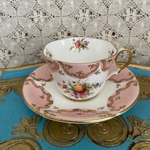 Unique vintage foley pink tea cup and saucer with pink roses fruits and star pattern, collectible English bone china
