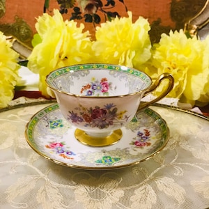 Collectible vintage Shelley “ Georgian” green gold trim 13362 tea cup and saucer , gorgeous collectible gift for her.