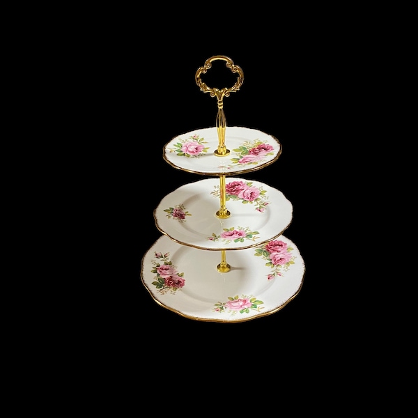 Royal Albert American beauty three-tired cake stand, pink rose vintage cake stand, gift for her, tea party, afternoon tea gift