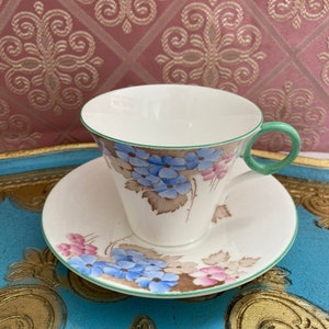 Unique Shelley Art Deco Handpainted blue lilac tea cup and saucer, English collectible bone china Shelley gift for her