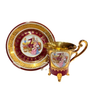 Western Germany Demitasse handbemalte Tasse und Untertasse mit schwerem Golddekor. Sammlerstück Germany Demitasse Tassenset.