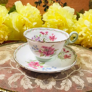 Vintage Collectible Shelley Floral Pink Purple Blue White Apple Blossom Tea Cup and Saucer Bone China England, Collectible Shelley Tea Set.