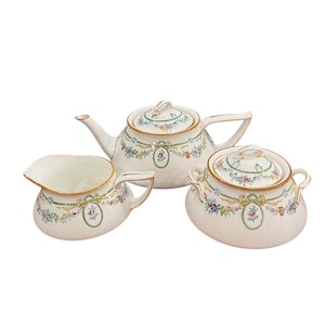 As is - rare antique handpainted minton Birks yellow bow tie Ivanhoe tea set with teapot, cream sugar