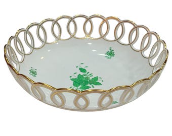 HEREND HUNGARY 透かし編み花柄プレート24cm稀少 Herend Porcelain / Thousand Flowers / Green Handle / Hand Painted