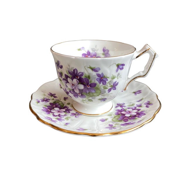 Taza y plato de té Aynsley con flores de violetas moradas, porcelana inglesa