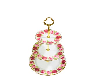 Royal Albert Old English Rose three tiered cake stand, bone china England, gorgeous afternoon tea party gift.