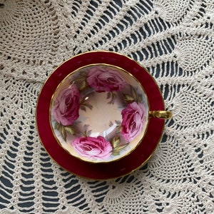 As is rare aynsley Handpainted large pink Garland cabbage rose red exterior tea cup and saucer, English collectible tea set