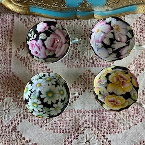 As is - collection of damaged paragon Handpainted black tea cups, pink rose. Pansies, daisies, crafts bone china. Display china pieces