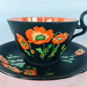Unique and rare Handpainted Atlas black teacup and saucer with orange poppy, anemone teacup, tea cup gift for her