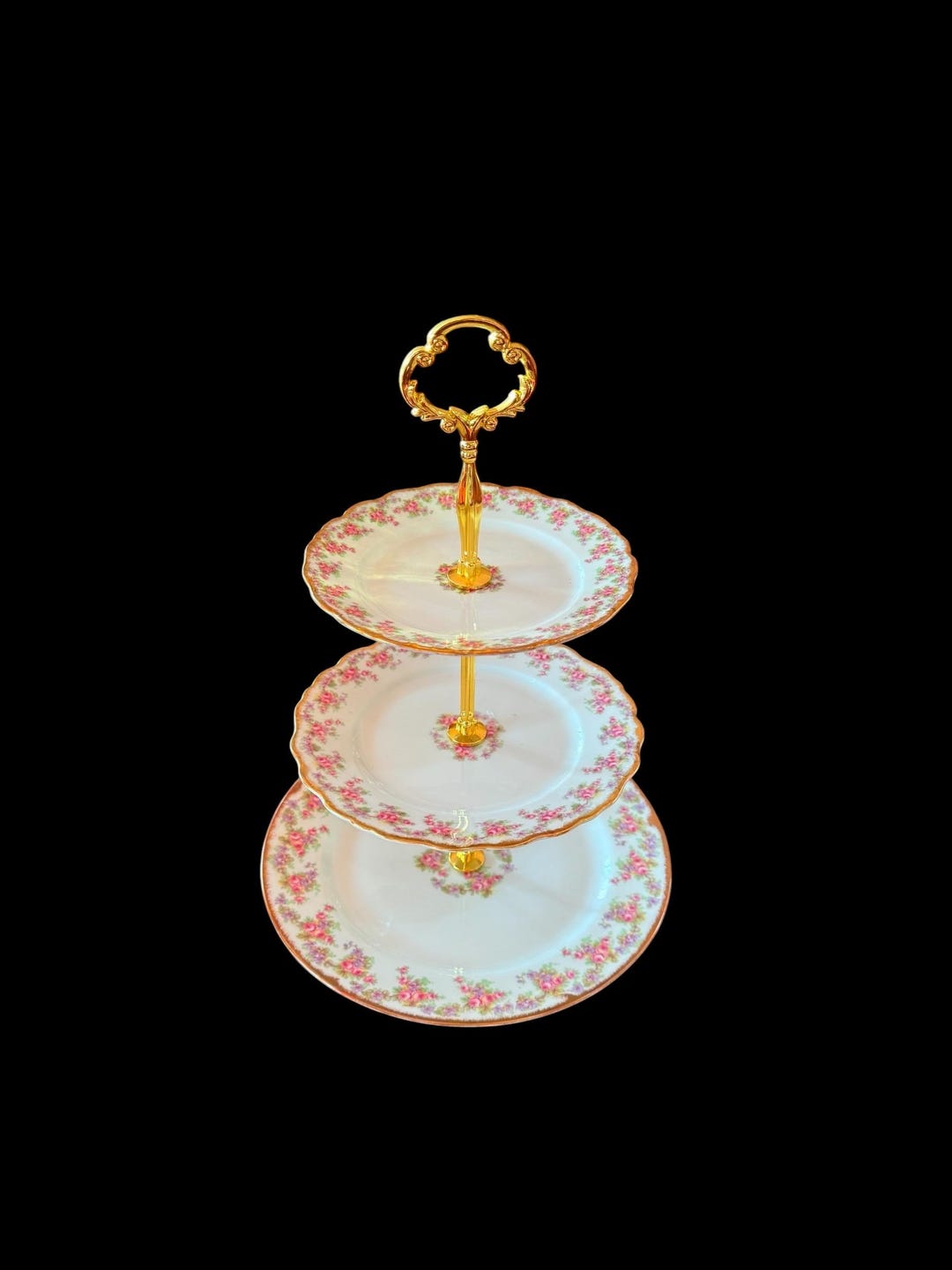 Support à gâteau vintage à 3 niveaux belles assiettes en