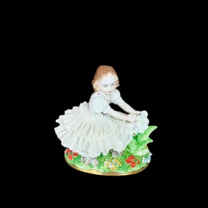 Rare Antique Germany Dresden Sitzendorf porcelain figurine lace girl kneeling for flowers, gorgeous Dresden figurine gift.
