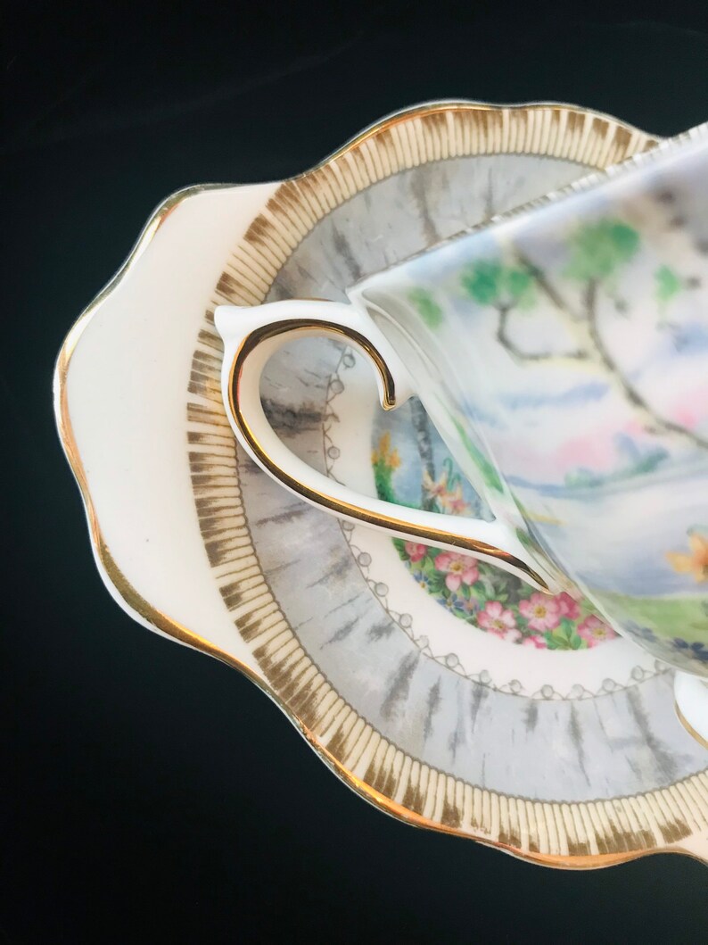 Pu&ograve; includere: Un set da t&egrave; bianco con una tazza e un piattino con un motivo floreale e un bordo dorato. Il piattino ha un bordo smerlato.