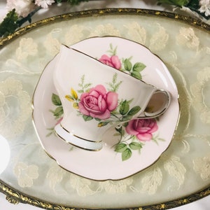 Beautiful paragon bone china England pink roses tea cup and saucer, collectible gift for her, cabbage rose paragon