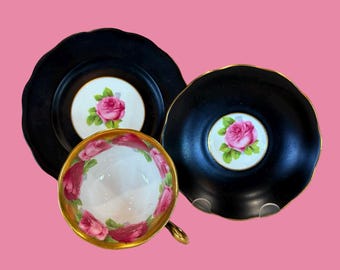 Royal Albert old English Cabbage Pink Rose Trio with matte black and gold trim bone china England.