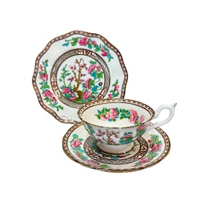 Vintage Coalport Handpainted “Indian tree”oriental pattern tea cup saucer and dessert plate trio set, Made in England, bone china