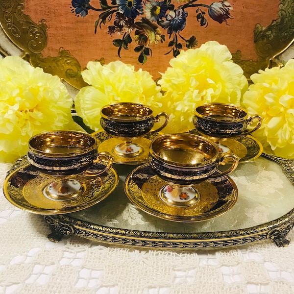 Price  for each…fancy Vintage Limoges French Hand Painted Royal China 22 Karate Gold and Flower Demitasse Cups and Saucers.