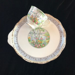 Pu&ograve; includere: Un set vintage di tazza e piattino da t&egrave;. La tazza e il piattino sono bianchi con bordi azzurri e dorati. La tazza e il piattino presentano un design paesaggistico con alberi, fiori e uno specchio d'acqua. La tazza &egrave; appoggiata sul piattino.