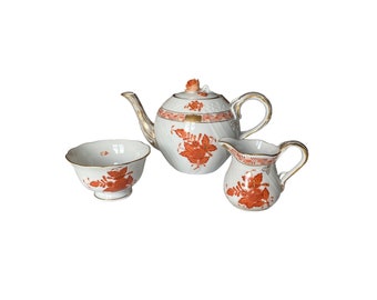 Rare small vintage herend Handpainted Chinese bouquet tea set with 2-cup teapot, cream sugar, rose lid