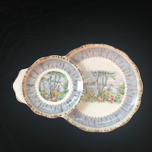 Pu&ograve; includere: Un set di due piatti in ceramica vintage con un design di betulla grigio e bianco. I piatti hanno un bordo a festoni e un bordo dorato.