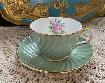 Vintage aynsley sage green swirl tea cup and saucer with pink rose, collectible English bone china, gift for her