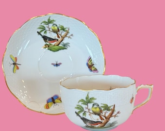 Herend Hungary hand painted Rothschild bird tea cup and saucer set, mint condition.