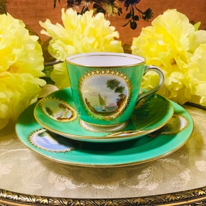 Very collectible unmarked antique handpainted green Continental tea set with scenery paintings, antique tea set bone china