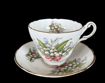 Vintage Queen Anne Lily of the Valley Tea Cup and Saucer With Gold