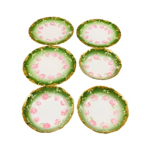 Gorgeous 6 pieces of vintage Limoges France green with hand painted pink roses and heavy gold trim serving plates and bowls.collectible gift