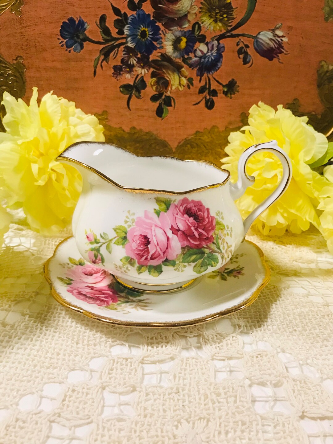 Vintage Beautiful Royal Albert American Beauty Gravy Boat With Saucer